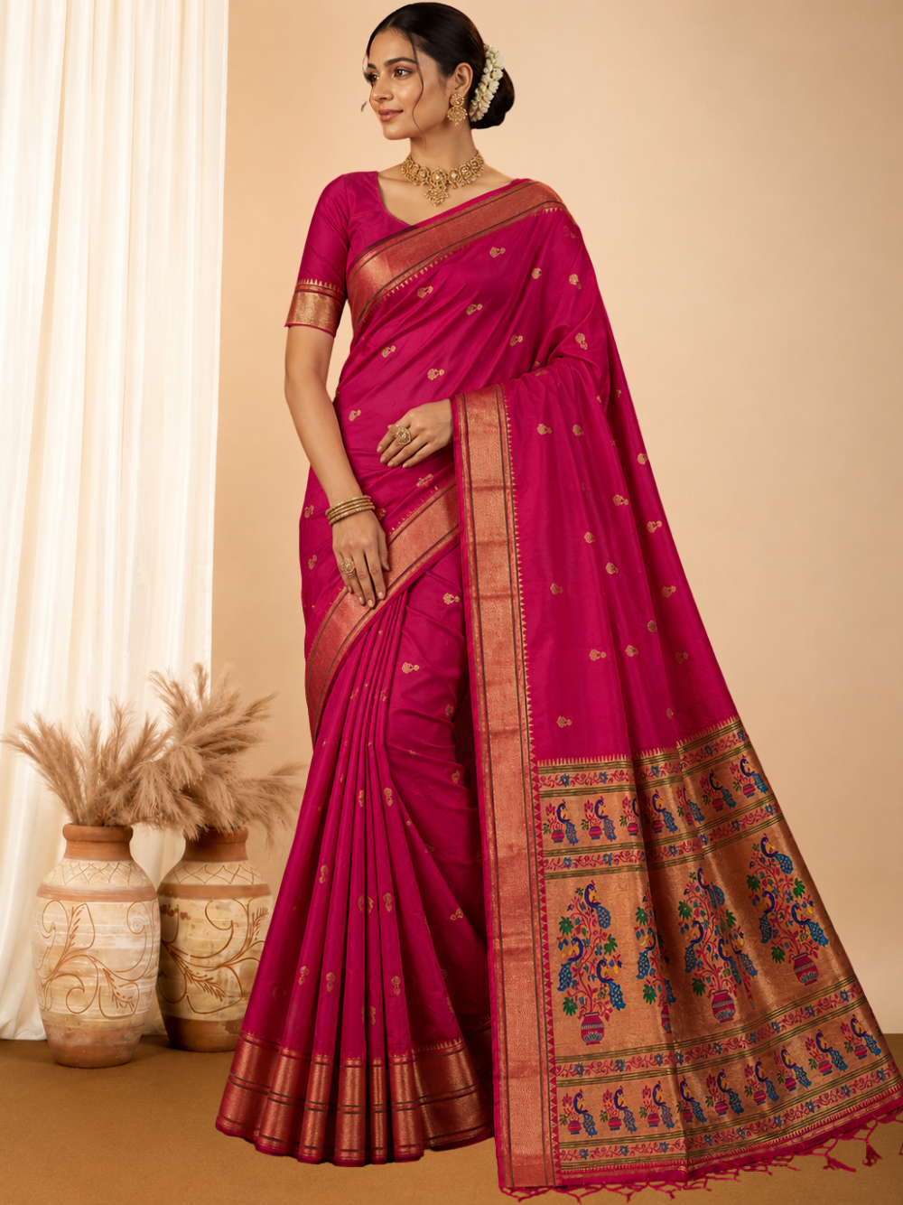 Lichi silk paithani saree with zari weaving work.