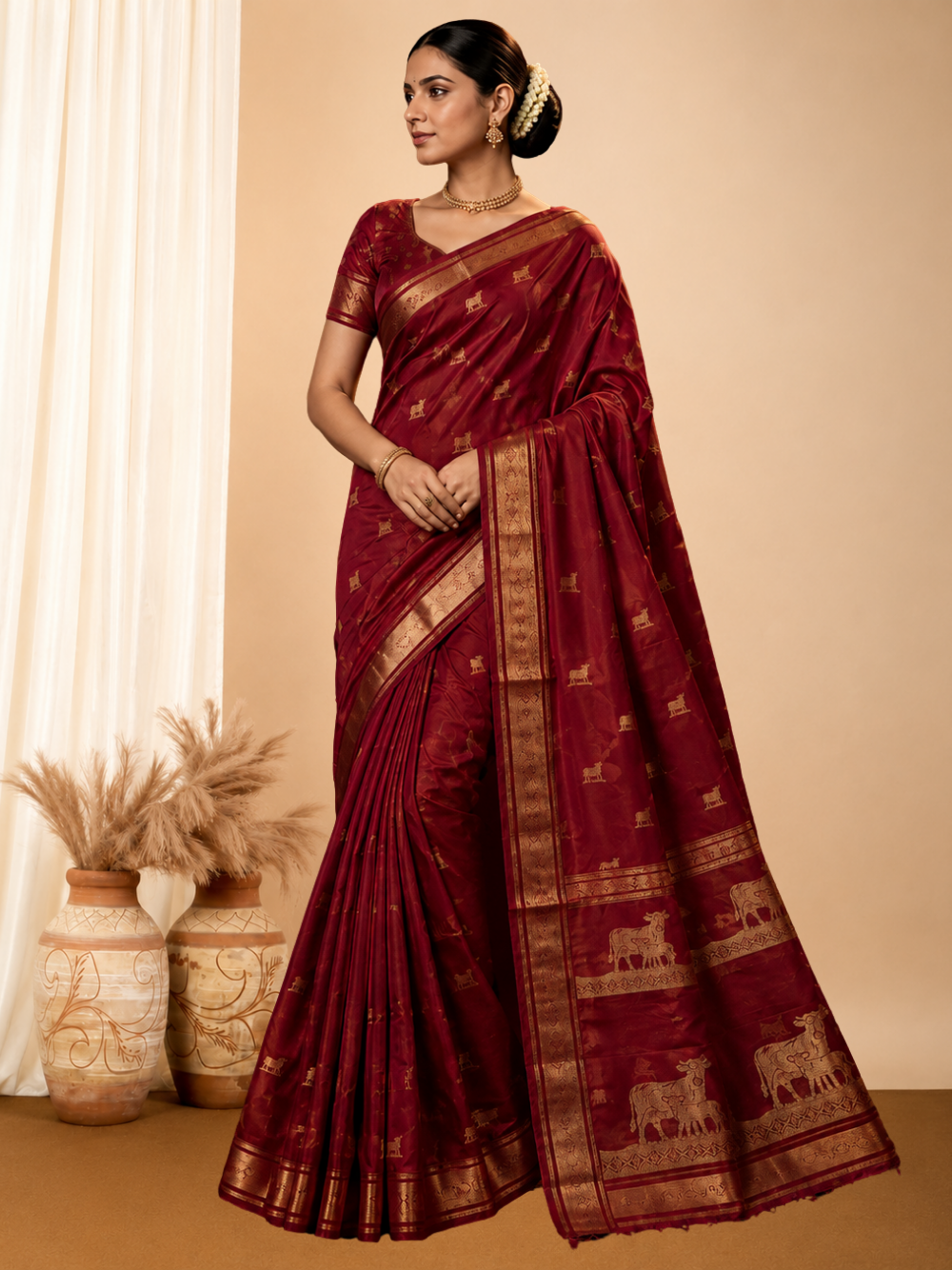 Maroon viscose dola silk saree with slef zari weaving work.