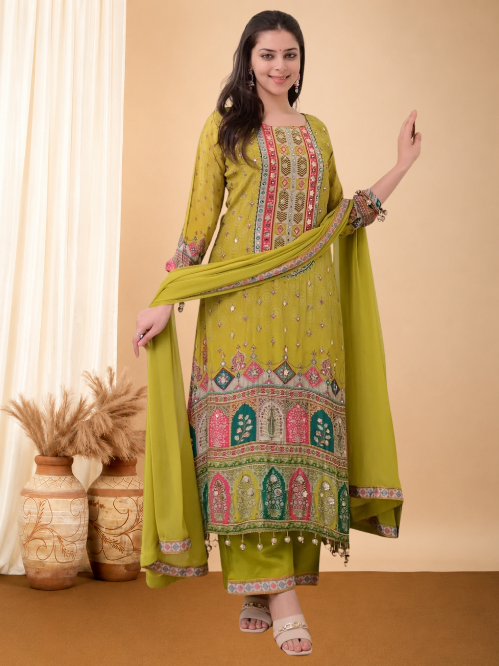 Mehndi green chinon silk kurta palazzo and dupatta set with printed and kodi work.