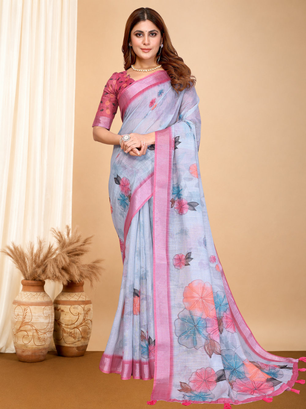 Multi linen cotton saree with digital printed work and silver zari border.