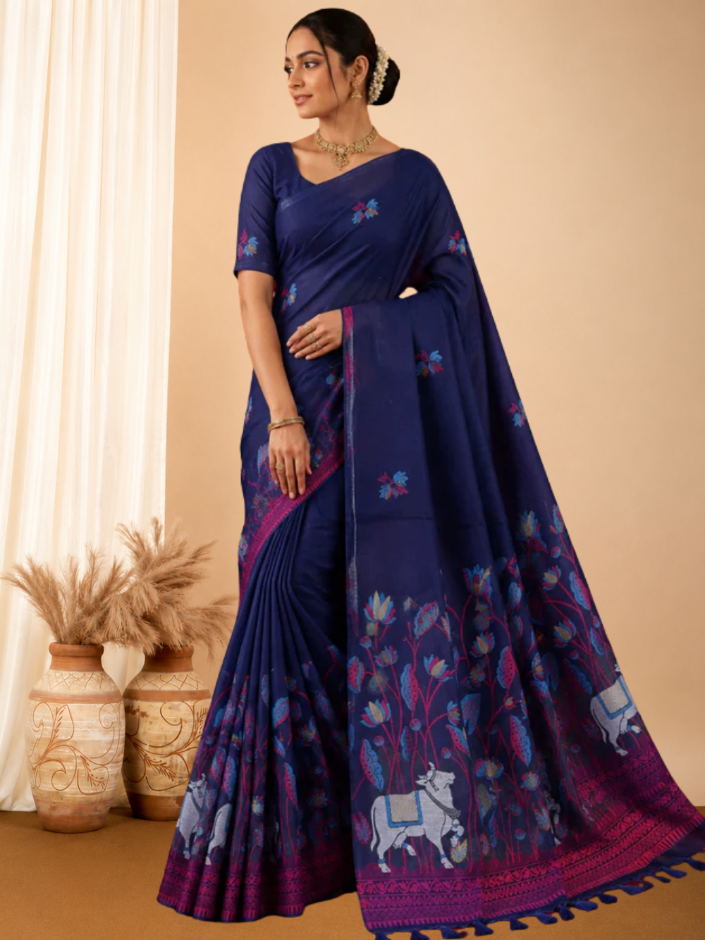 Navy blue premium muga cotton saree with pichwai & floral weaving work.