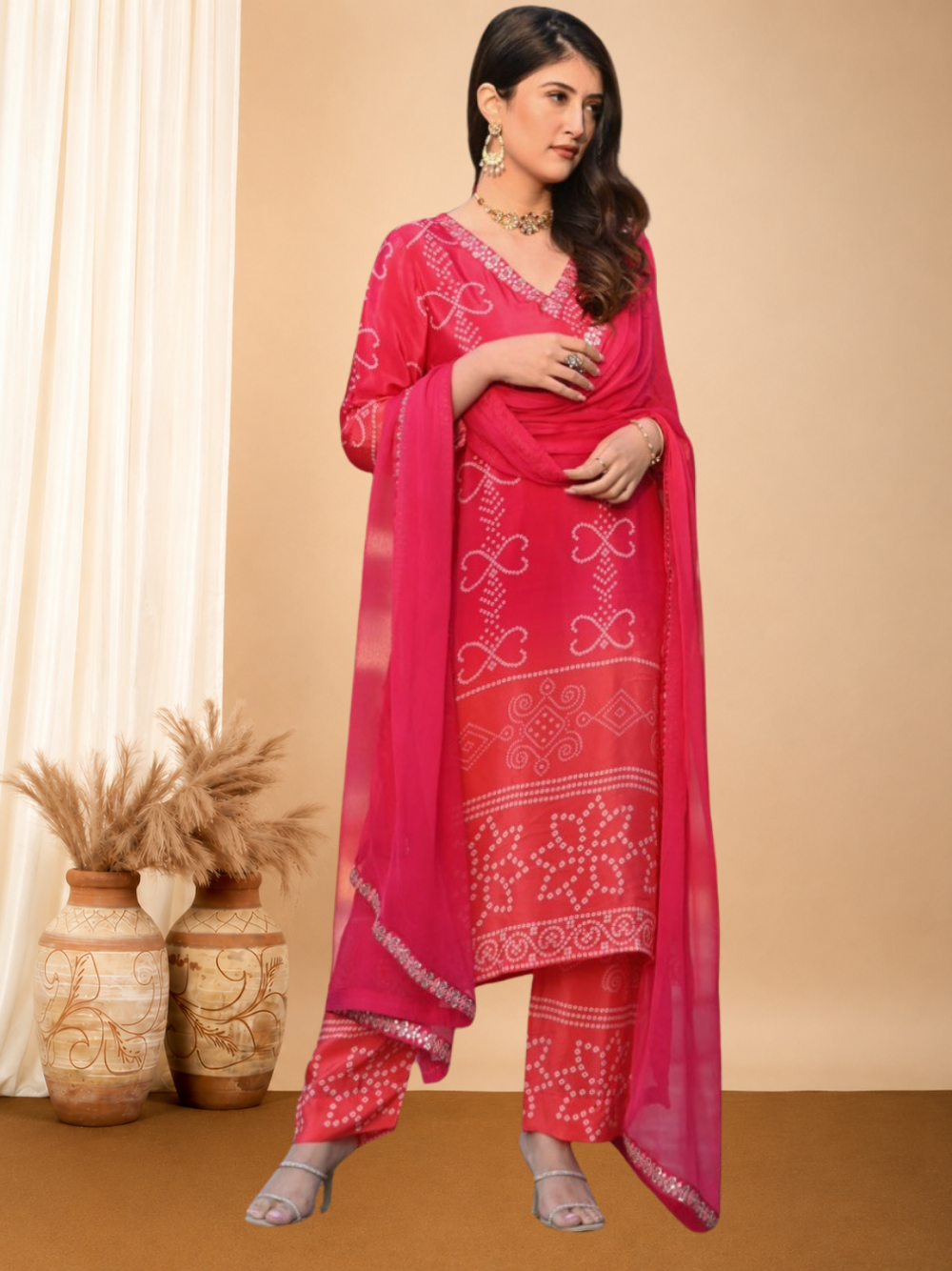 Pink chinon silk kurta and pant set with Embroidered work dupatta