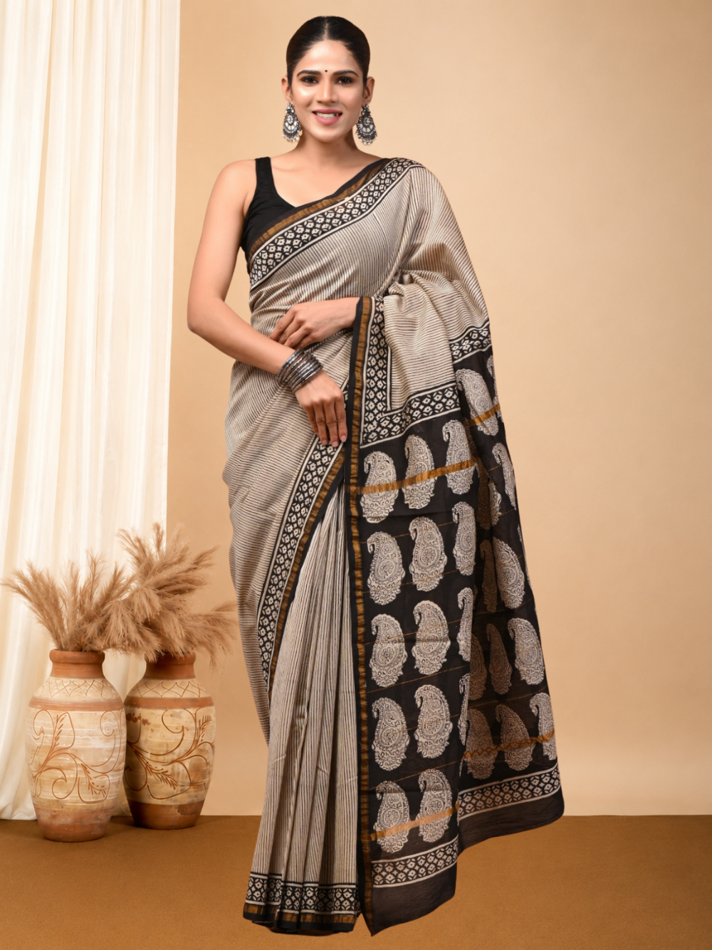 Pure chanderi silk saree with bagru handblock printed work.