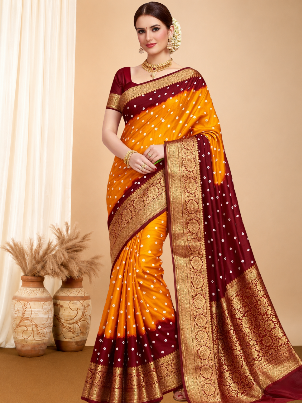 Pure hand bhandhej bandhani saree with kanchi zari weaving border & pallu.