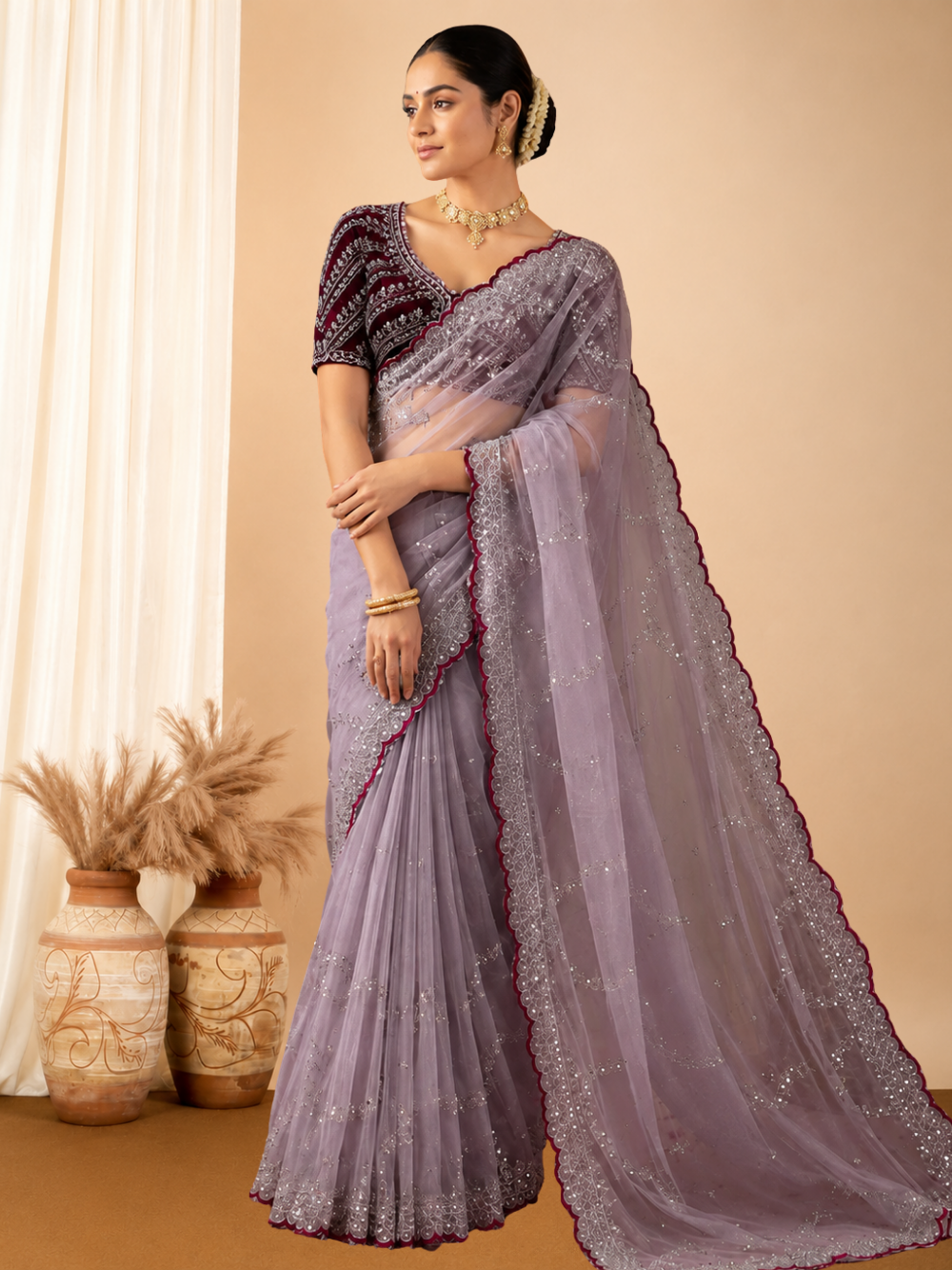 Pure jimmy choo satin saree with beautiful C-Pallu work and ready made blouse.
