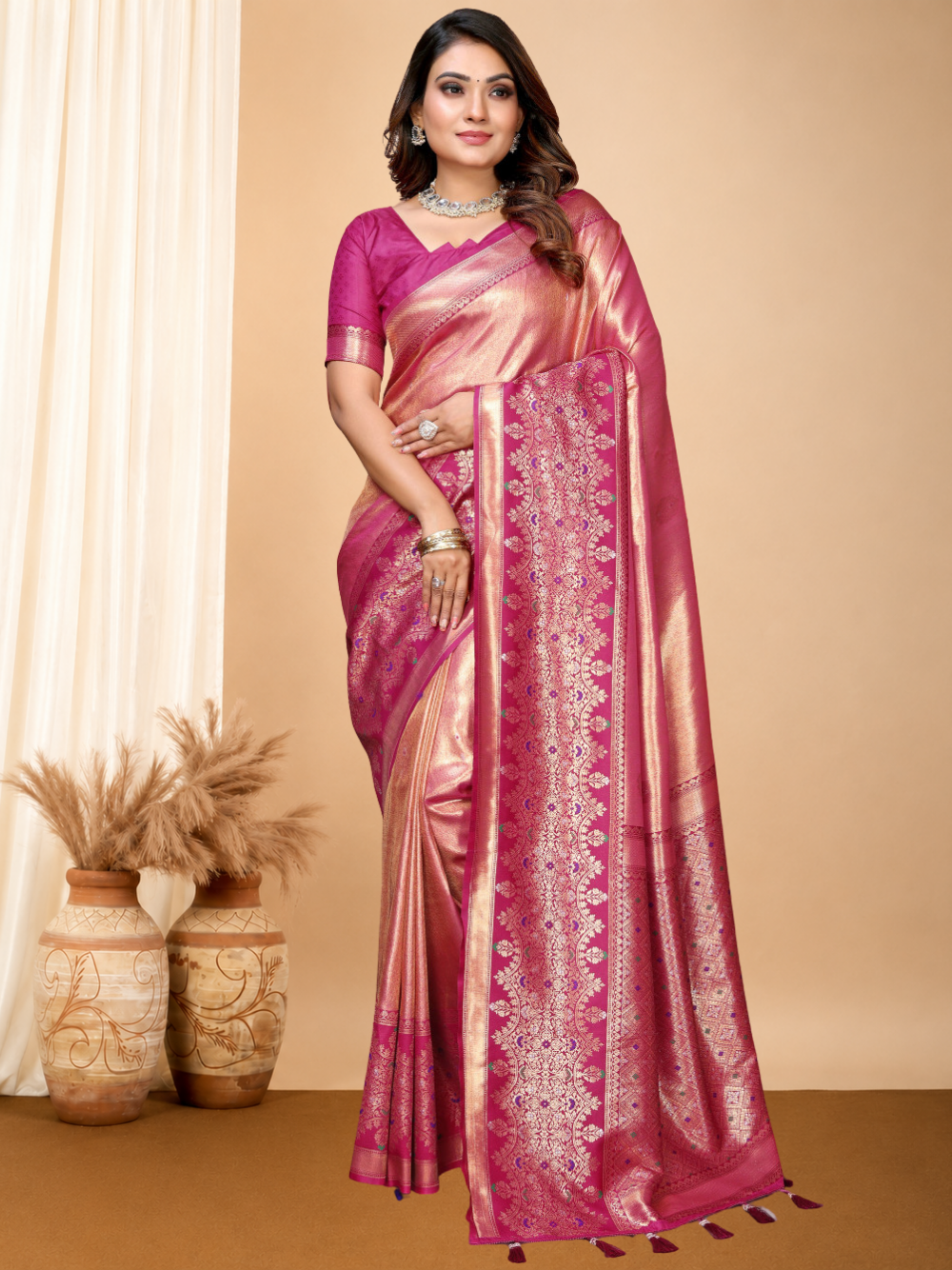 Pure kanchipuram banarasi tissue silk saree with zari weaving work.