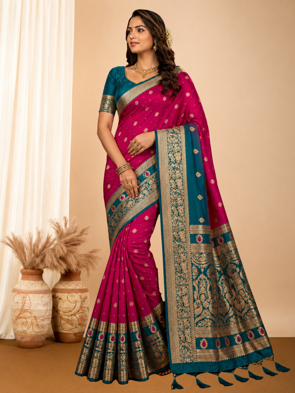 Pure soft banarasi silk saree with meenakari zari weaving work.