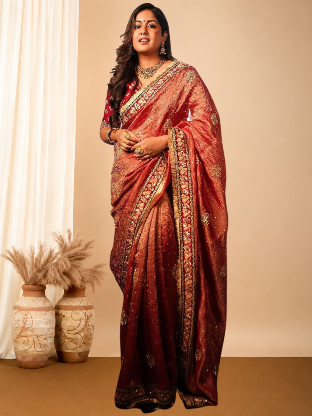 Red crush banarasi silk saree with embroidery work lace border.