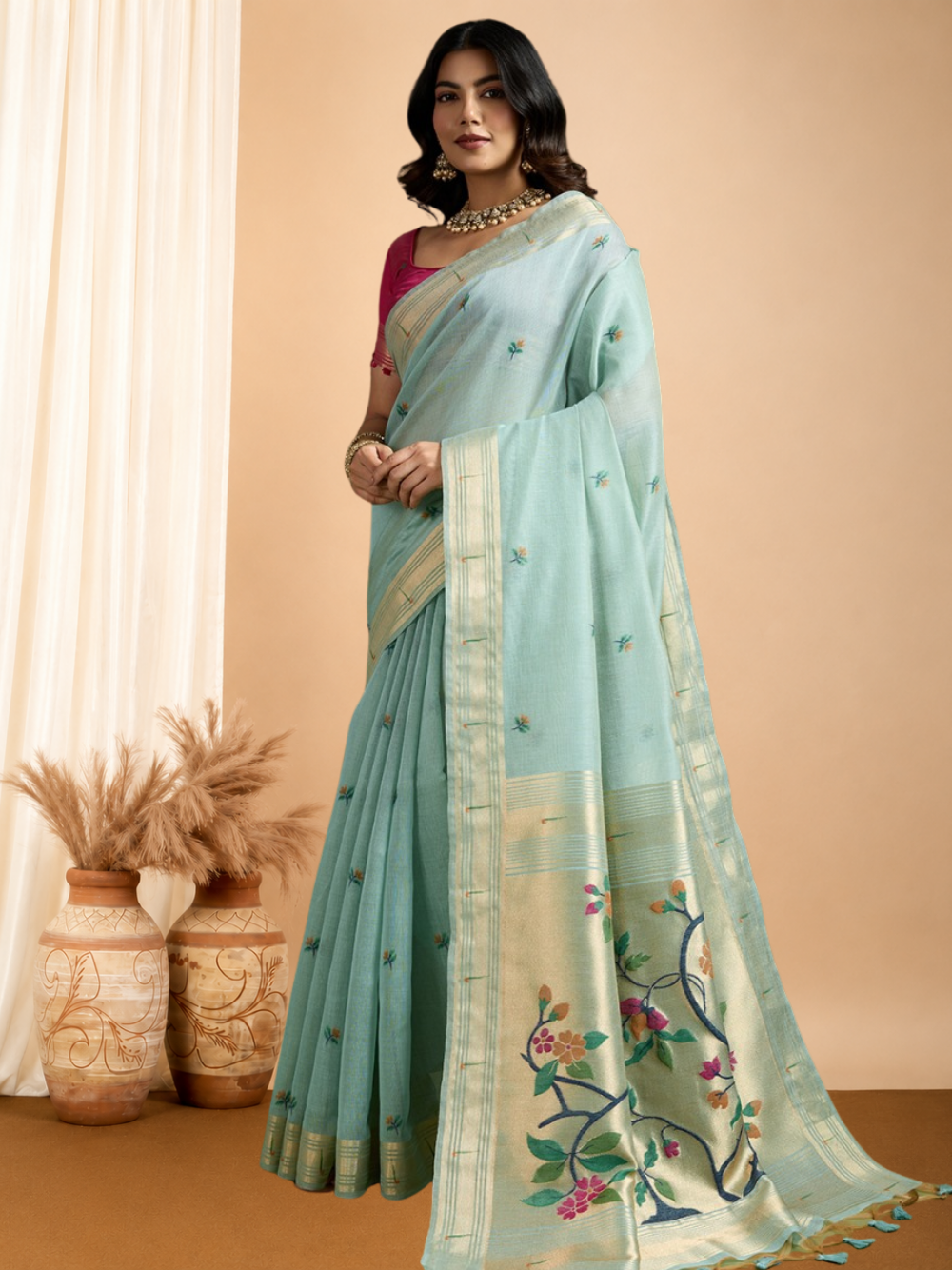 Sky blue premium muga cotton paithani saree with classic resham weaving paithani pallu and zari weaving border.