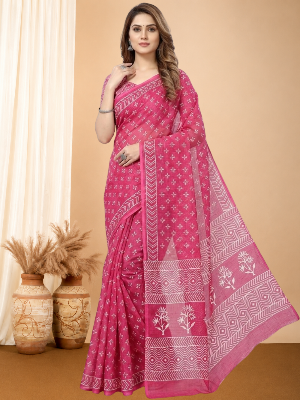 Soft flowy linen cotton saree with digital printed work.