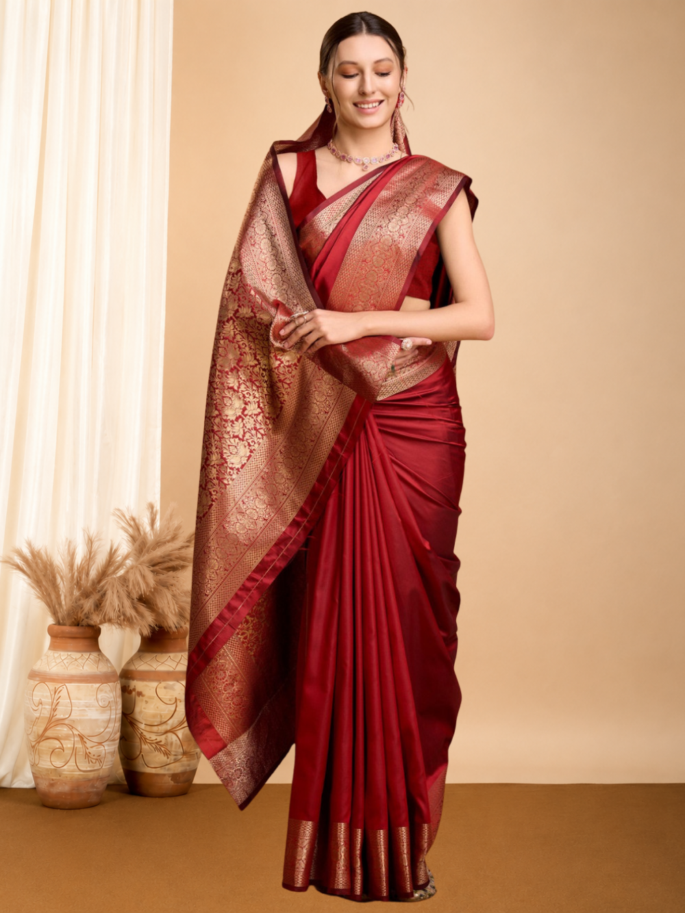 Soft kanchipuram silk saree with golden zari weaving work.
