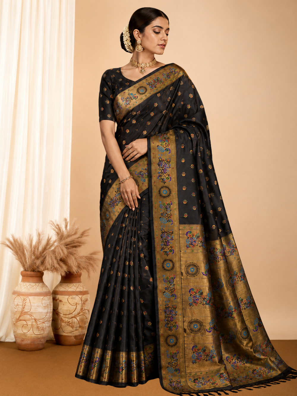Traditional  Lichi silk paithani saree with zari weaving work.