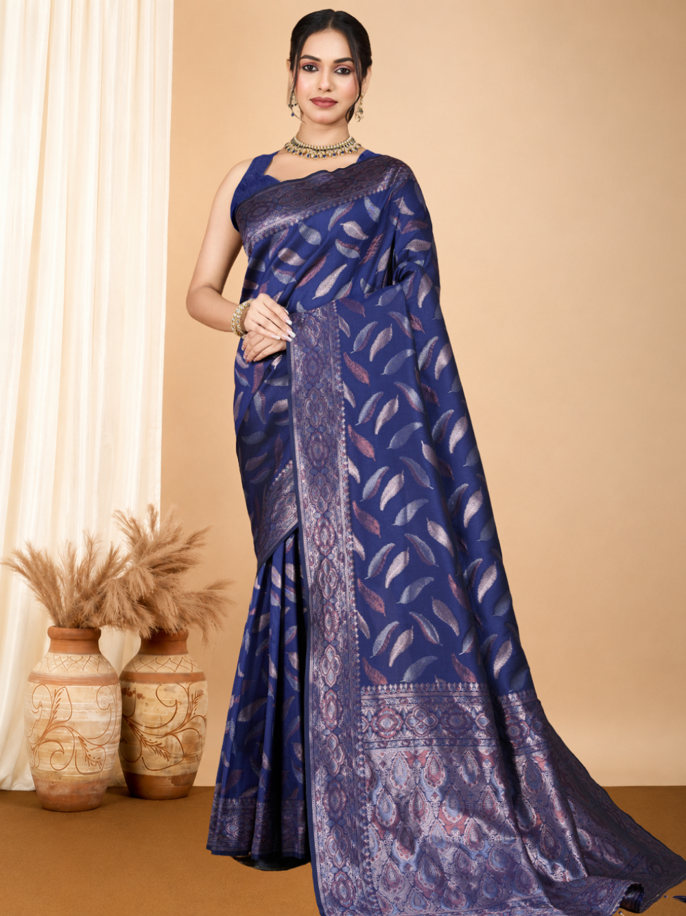 Traditional banarasi silk saree with zari weaving work.