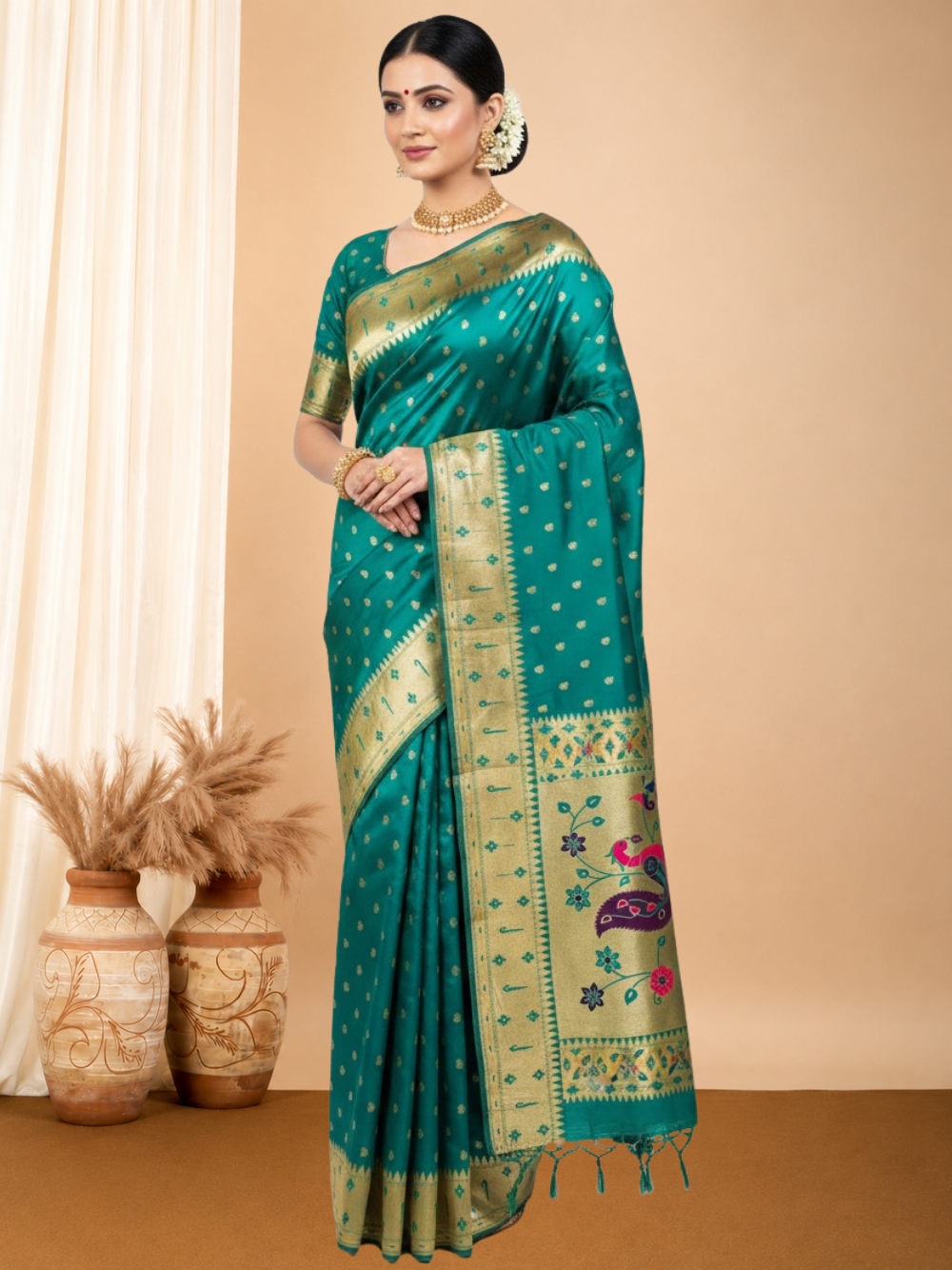 Traditional  paithani silk saree with zari weaving work.