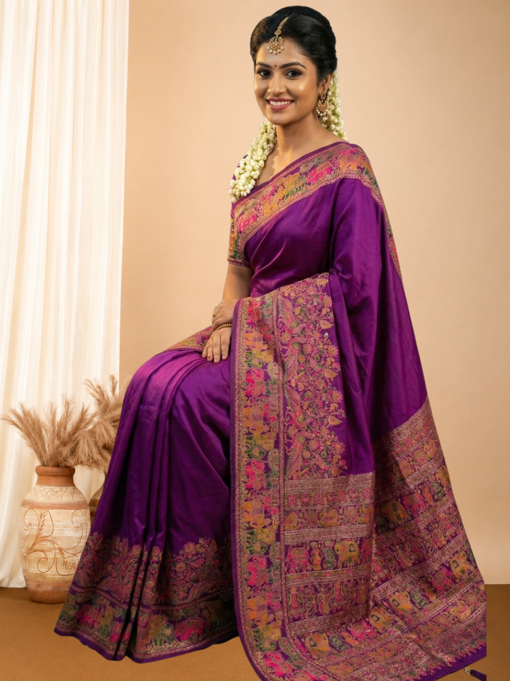 Traditional viscose pashmina silk saree with woven design.