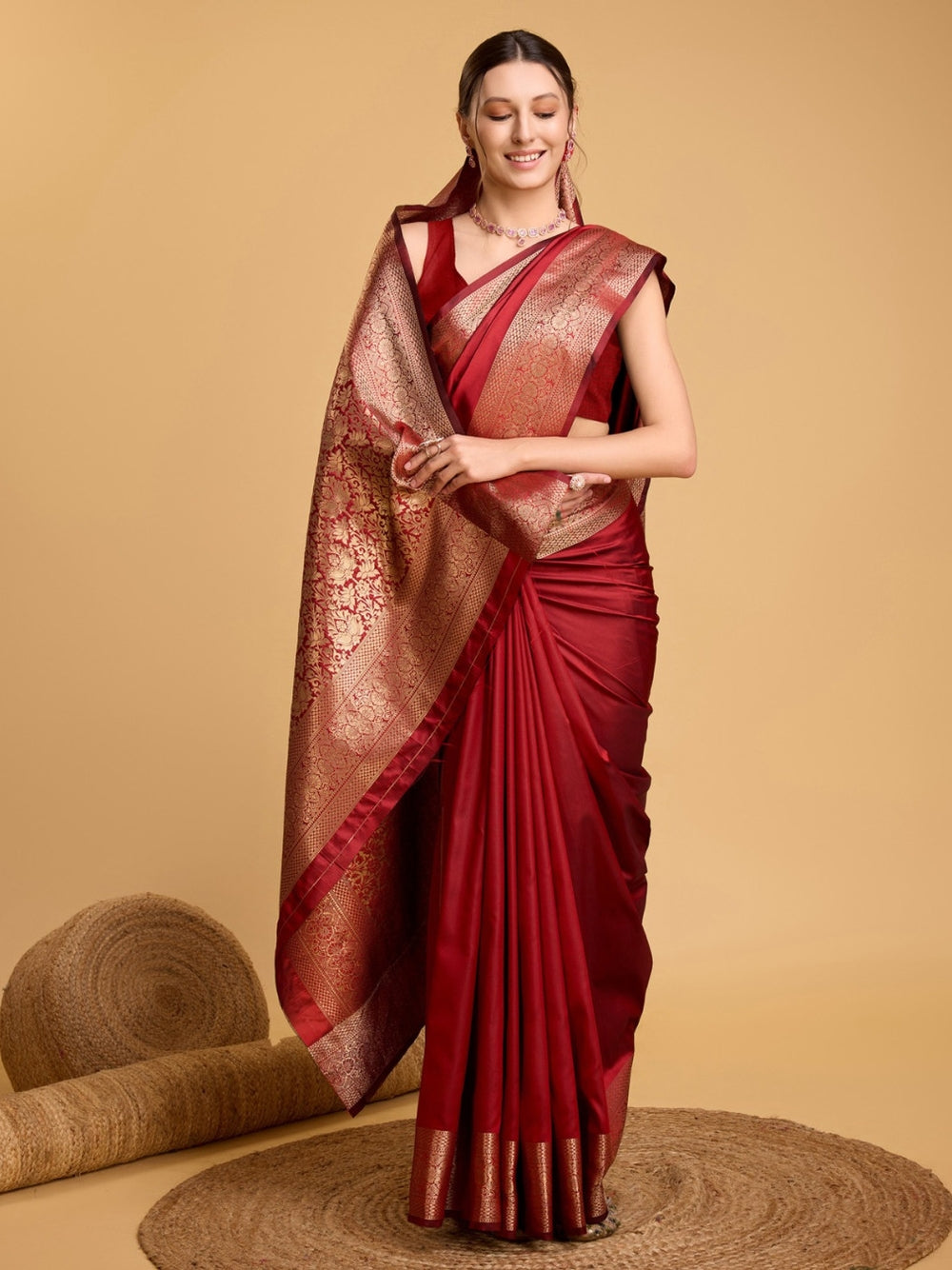 Soft kanchipuram silk saree with golden zari weaving work.