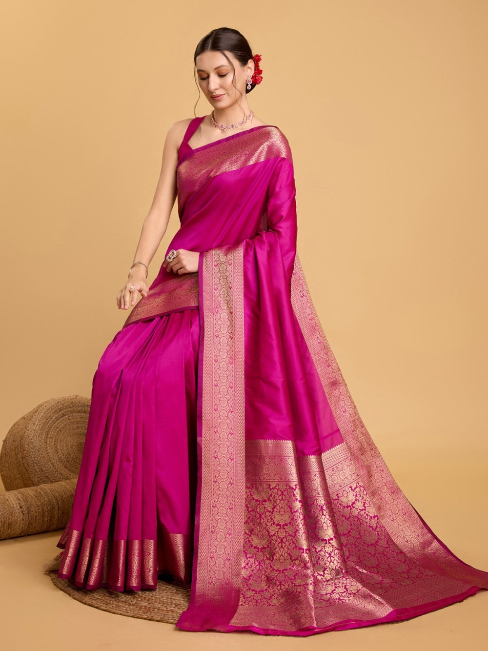 Soft kanchipuram silk saree with golden zari weaving work.
