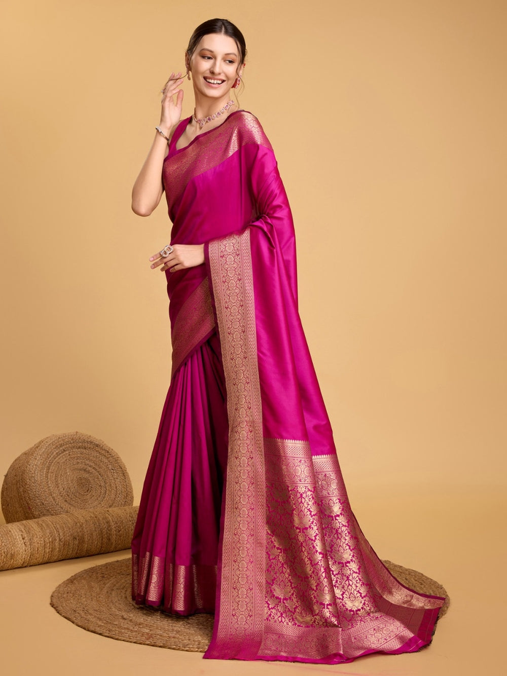 Soft kanchipuram silk saree with golden zari weaving work.