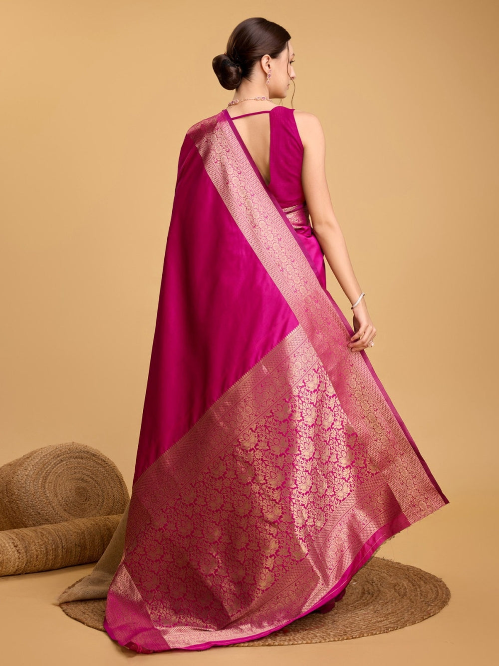 Soft kanchipuram silk saree with golden zari weaving work.