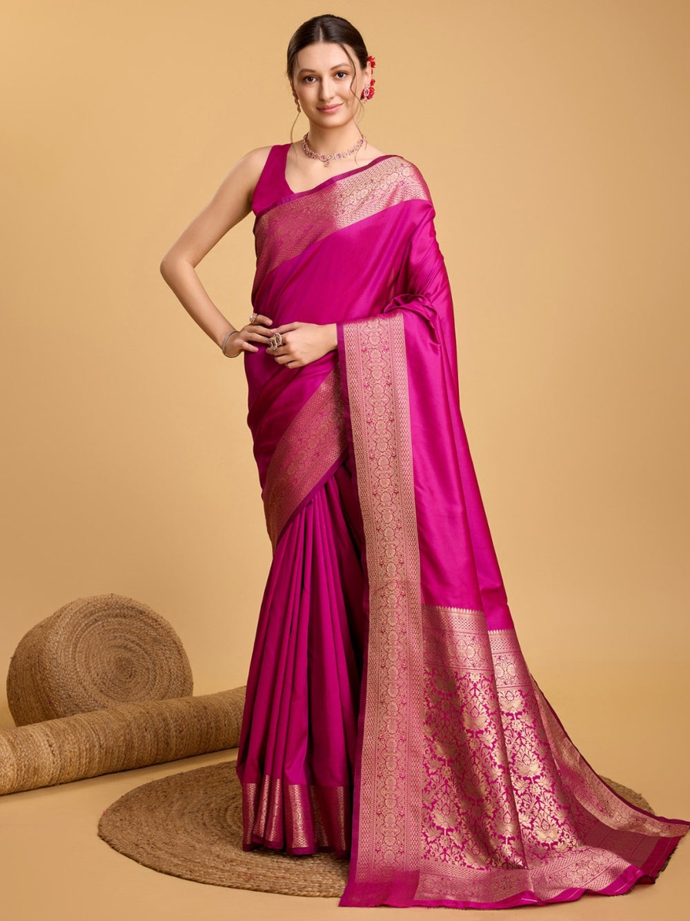 Soft kanchipuram silk saree with golden zari weaving work.