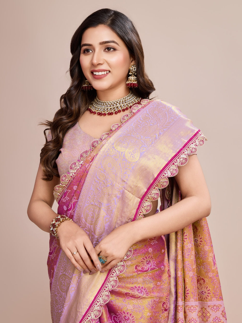 Kanjivaram silk saree with zari weaving work.