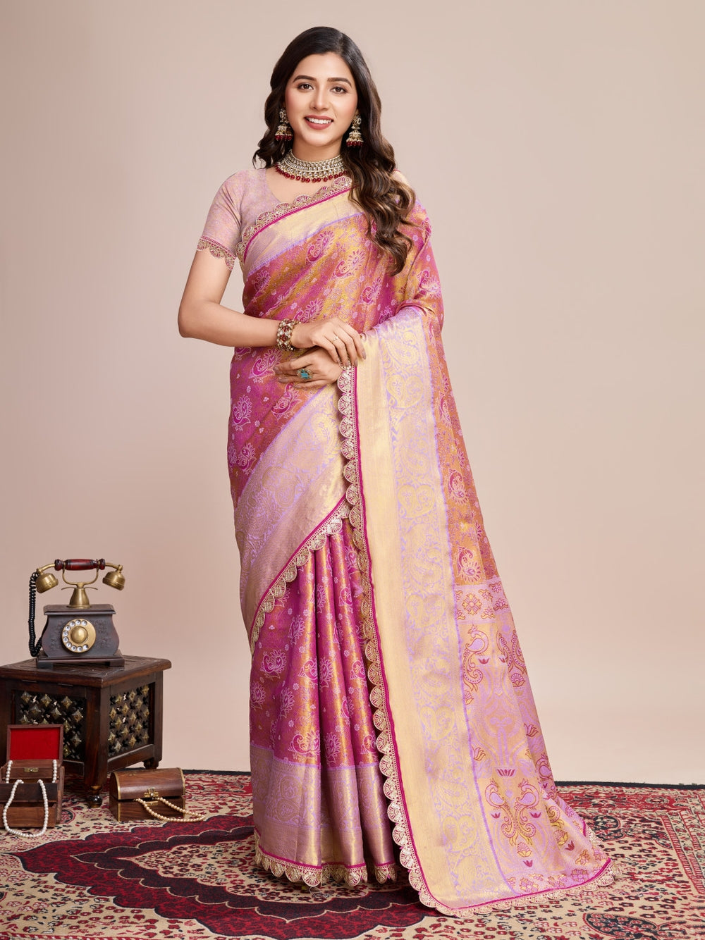 Kanjivaram silk saree with zari weaving work.