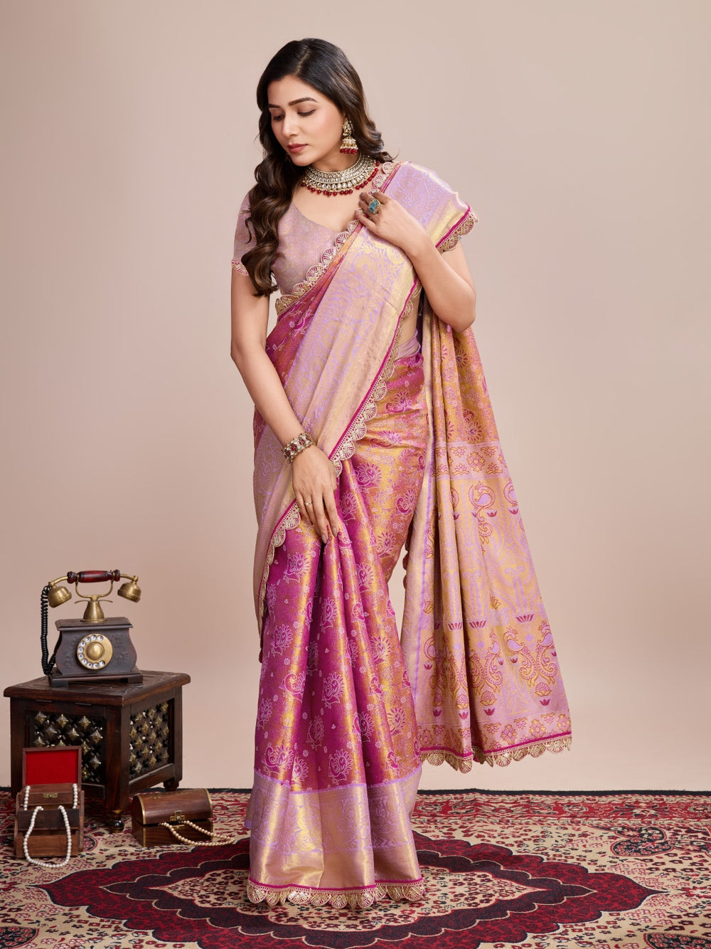 Kanjivaram silk saree with zari weaving work.