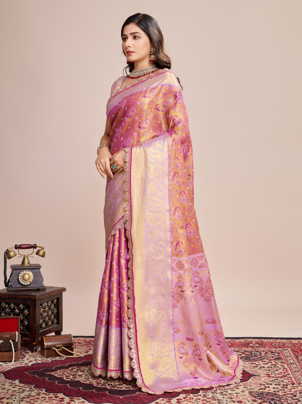 Kanjivaram silk saree with zari weaving work.
