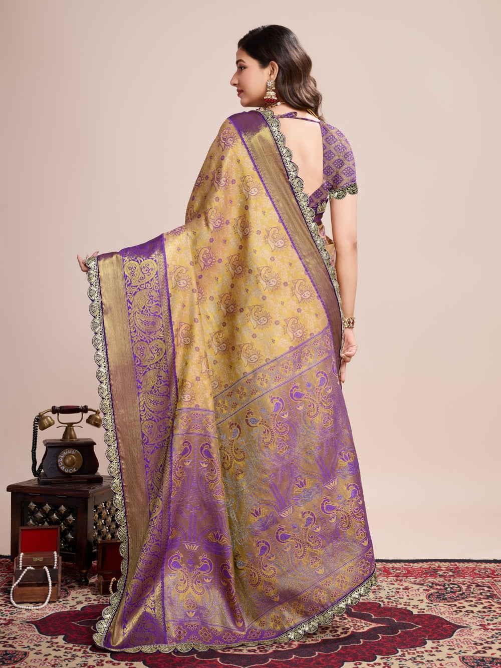 Kanjivaram silk saree with zari weaving work.