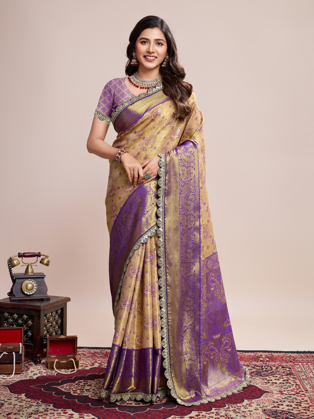 Kanjivaram silk saree with zari weaving work.