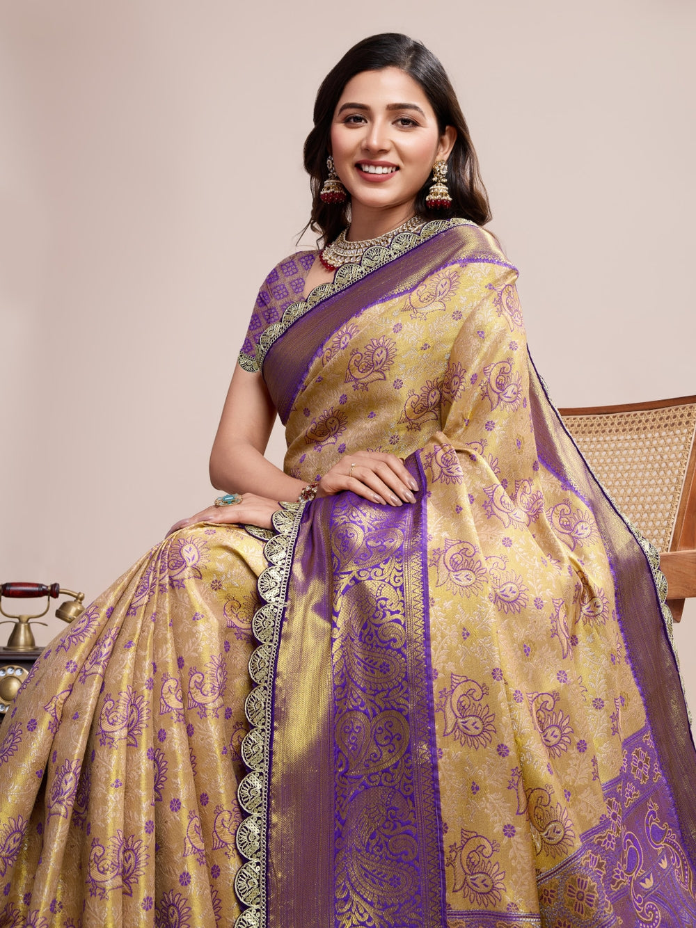 Kanjivaram silk saree with zari weaving work.
