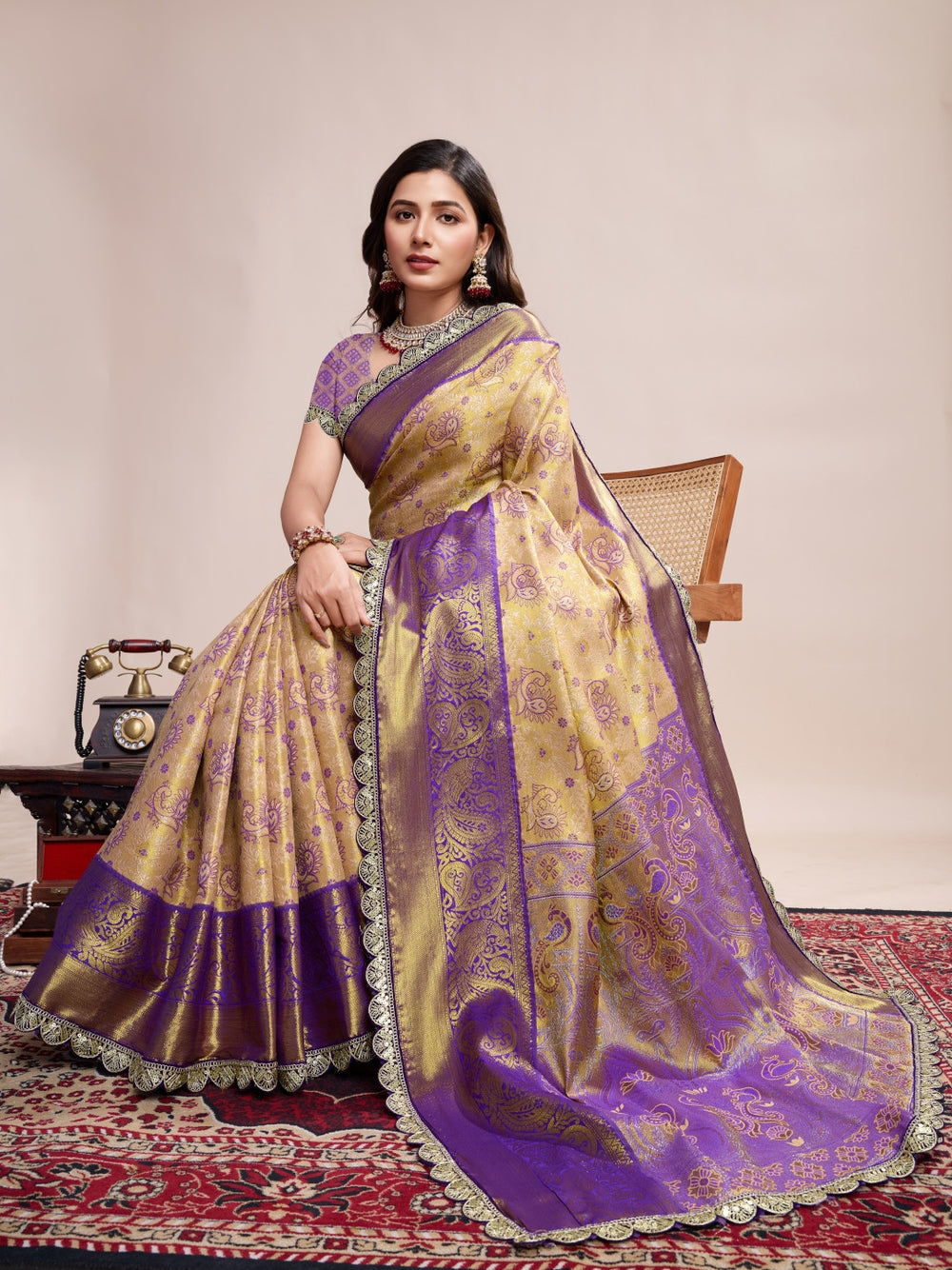 Kanjivaram silk saree with zari weaving work.