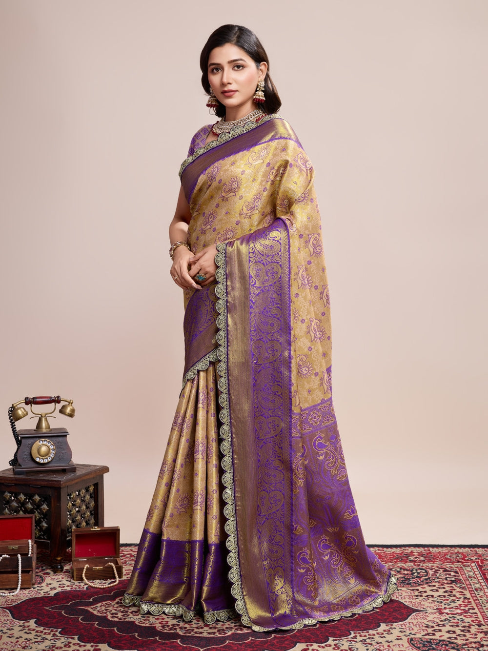Kanjivaram silk saree with zari weaving work.