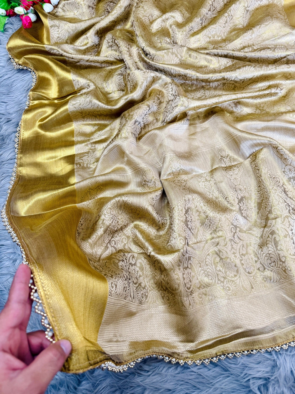 Gold premium banarasi tissue silk saree with zari weaving work.