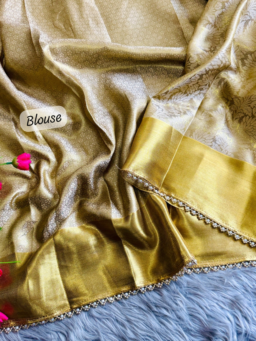 Gold premium banarasi tissue silk saree with zari weaving work.