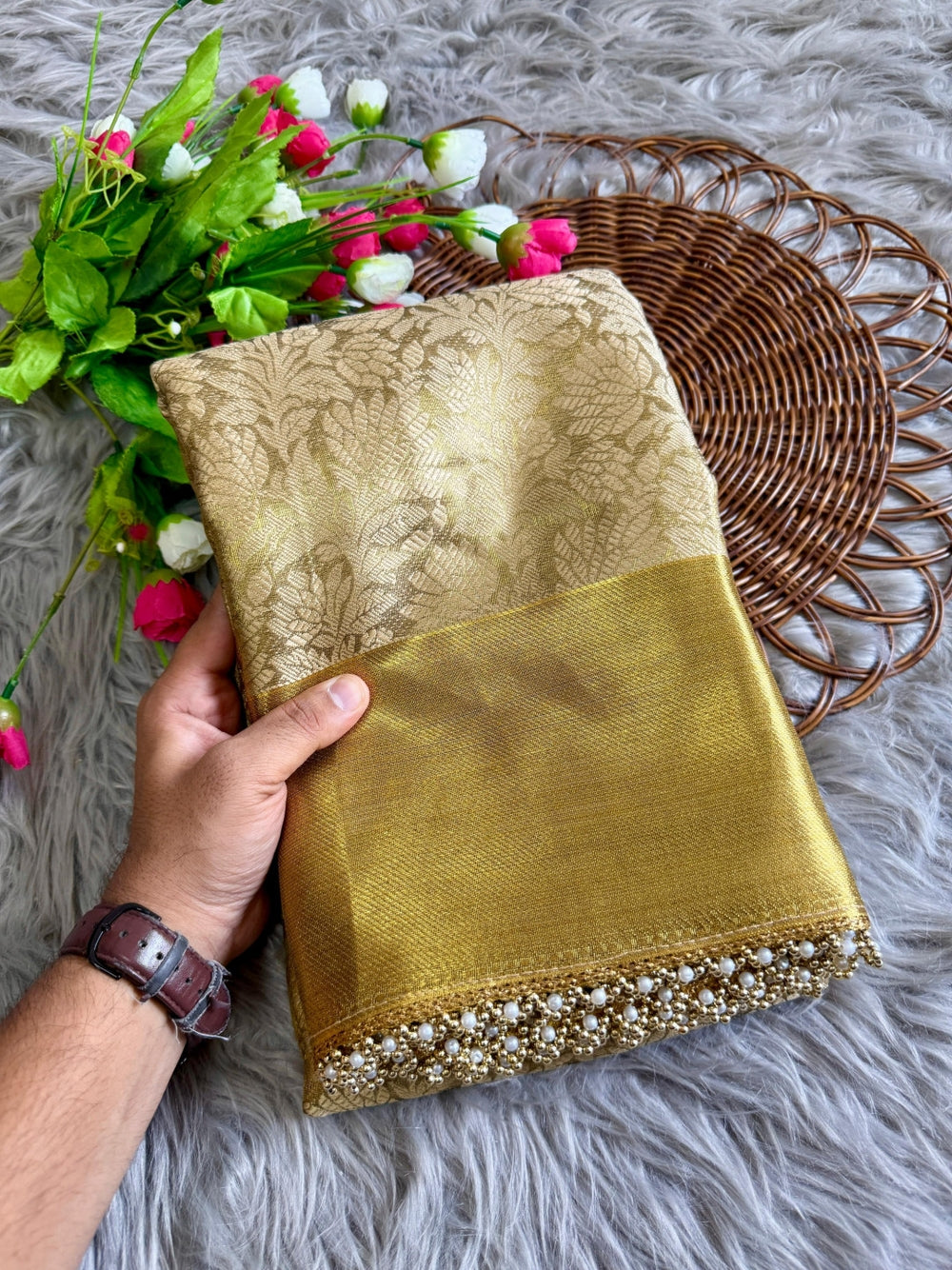 Gold premium banarasi tissue silk saree with zari weaving work.
