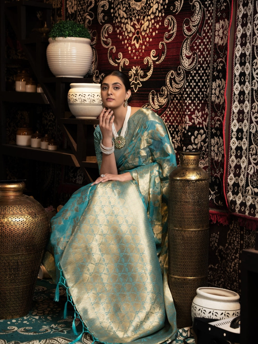 Rama green jimmy choo saree with weaving work.