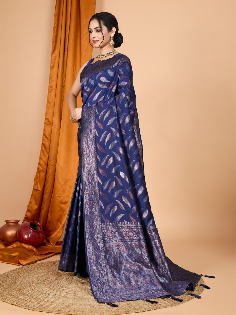 Traditional banarasi silk saree with zari weaving work.