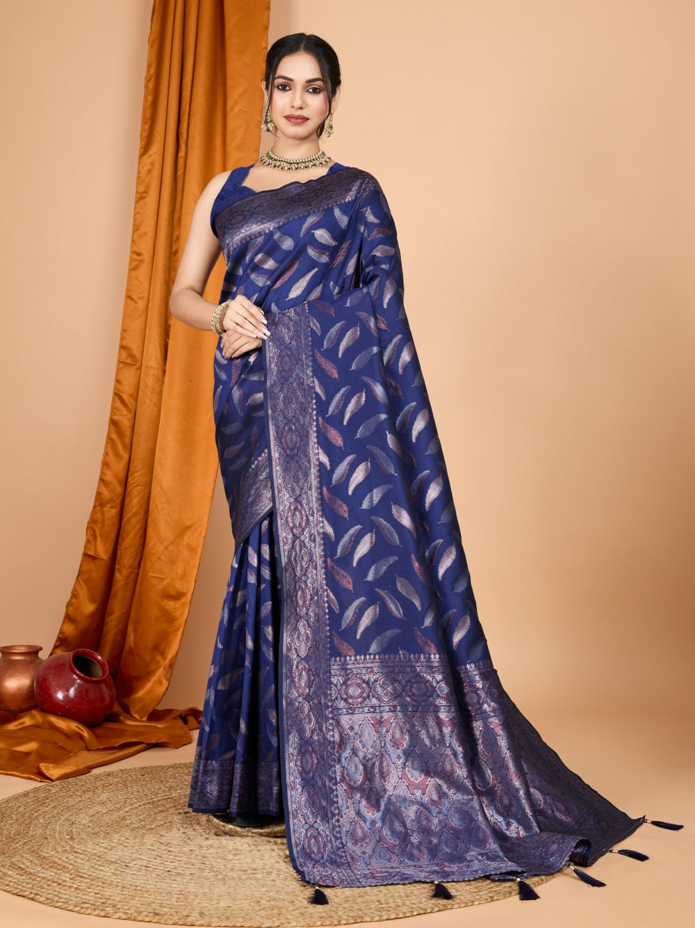 Traditional banarasi silk saree with zari weaving work.