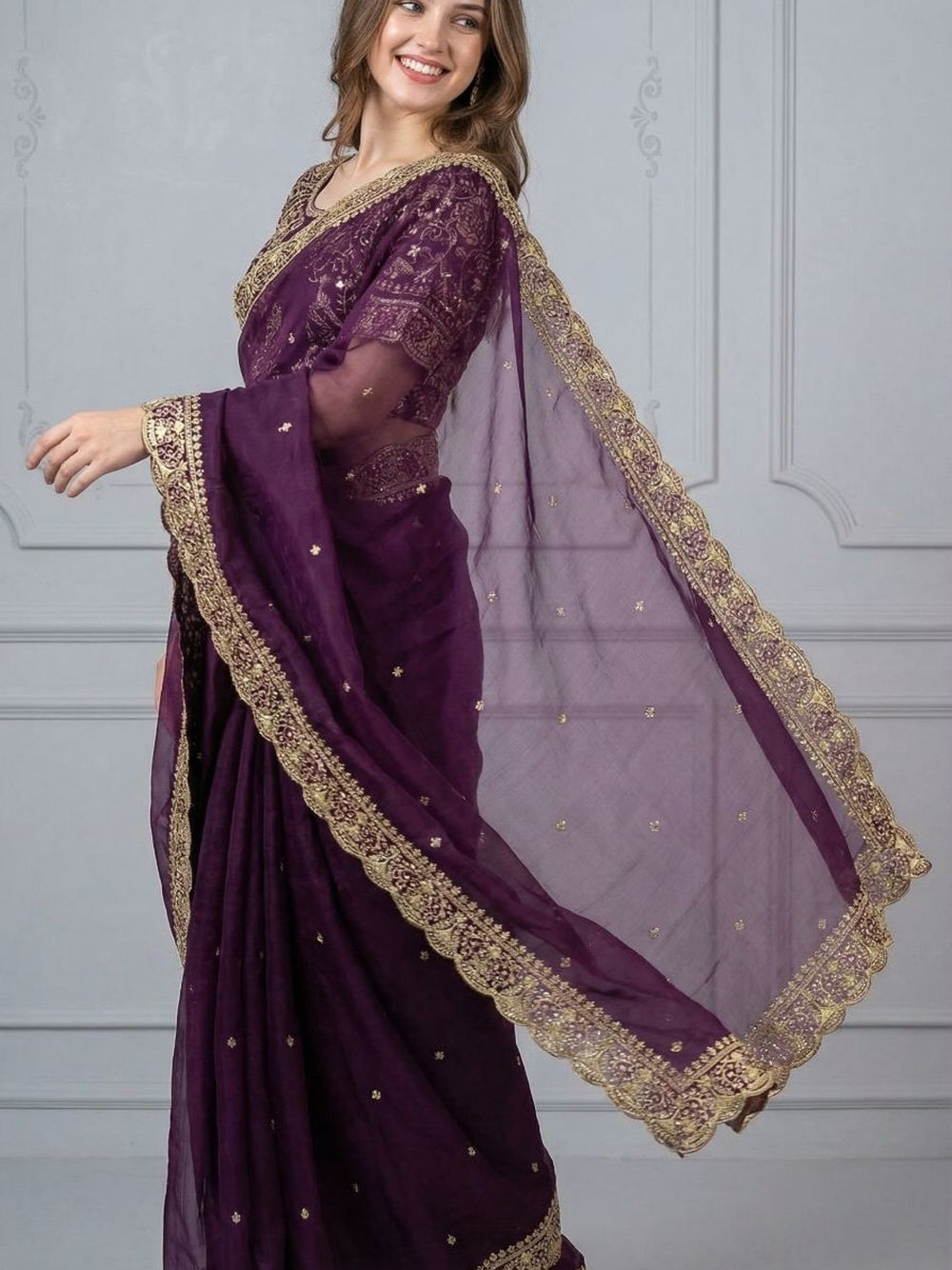 Wine colour organza silk saree with embroidery lace border with all over butta work