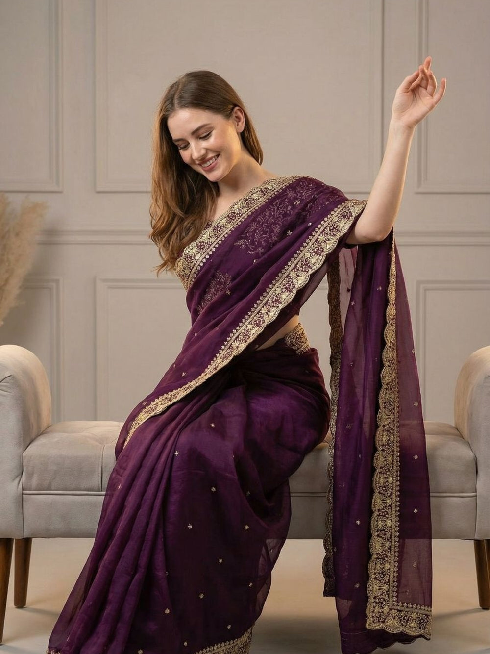 Wine colour organza silk saree with embroidery lace border with all over butta work