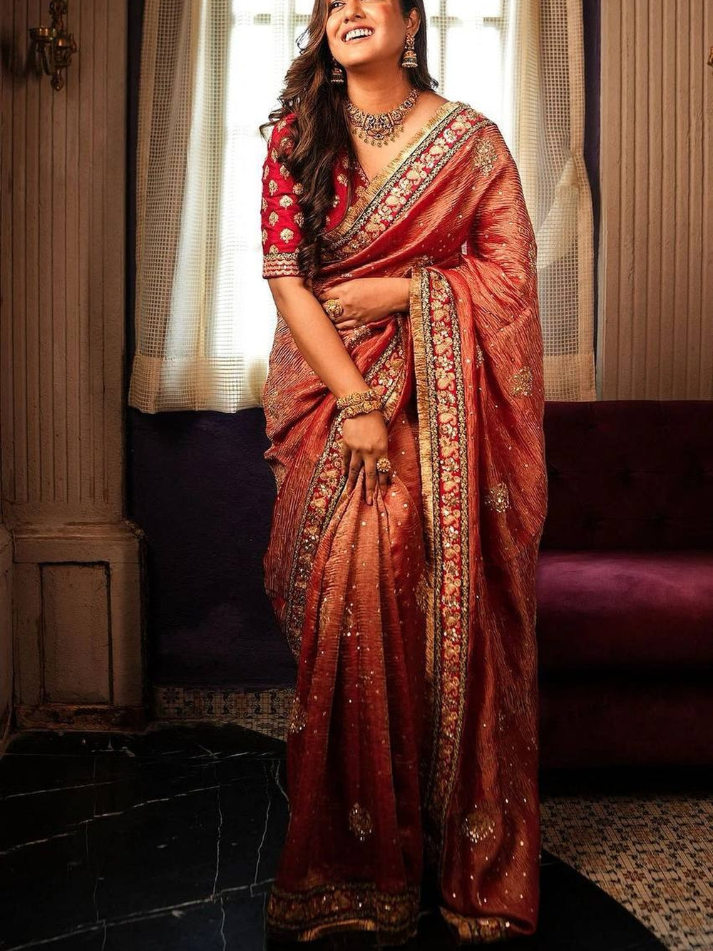 Red crush banarasi silk saree with embroidery work lace border.