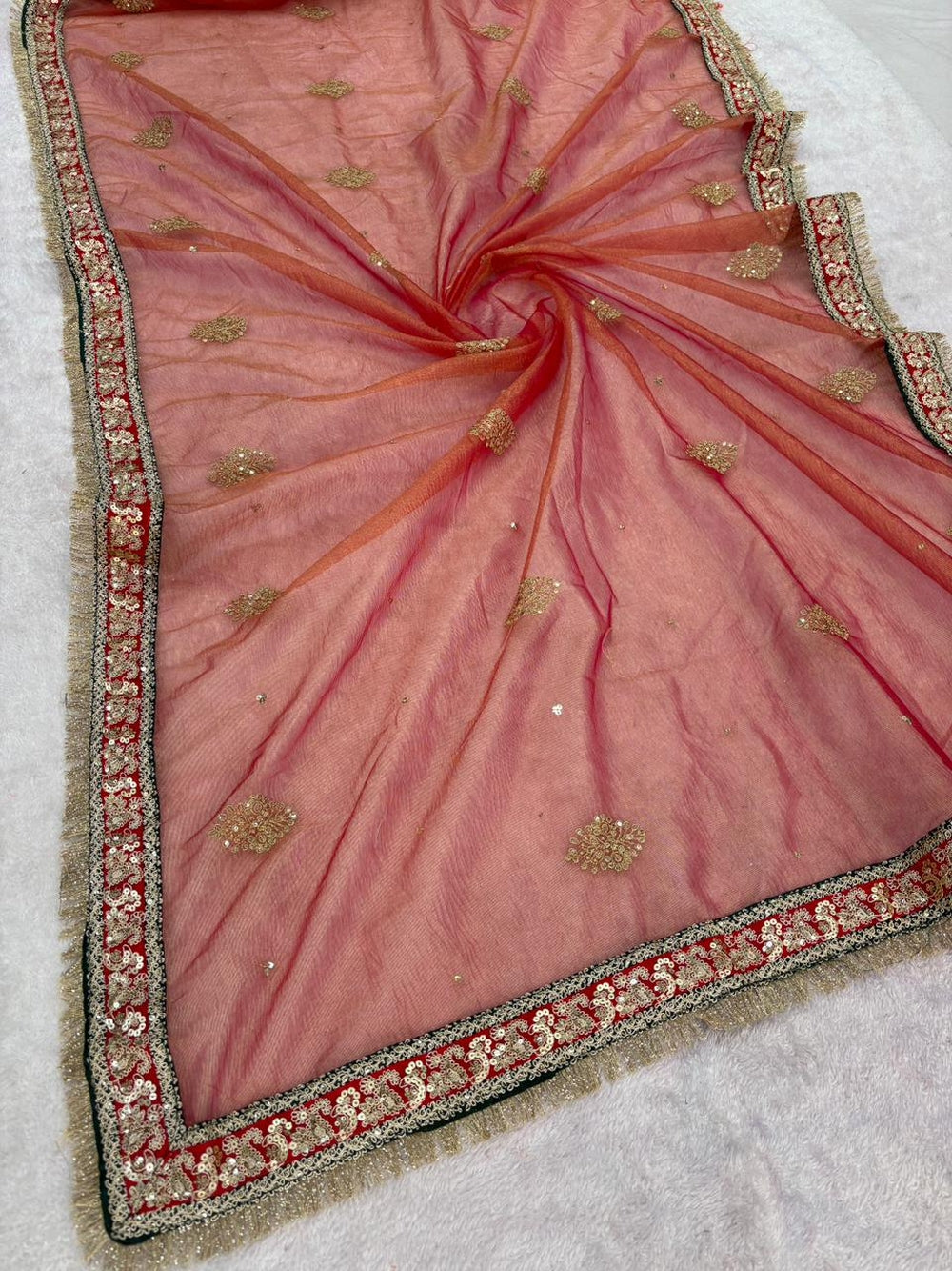 Red crush banarasi silk saree with embroidery work lace border.
