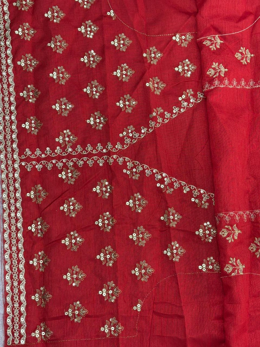 Red crush banarasi silk saree with embroidery work lace border.