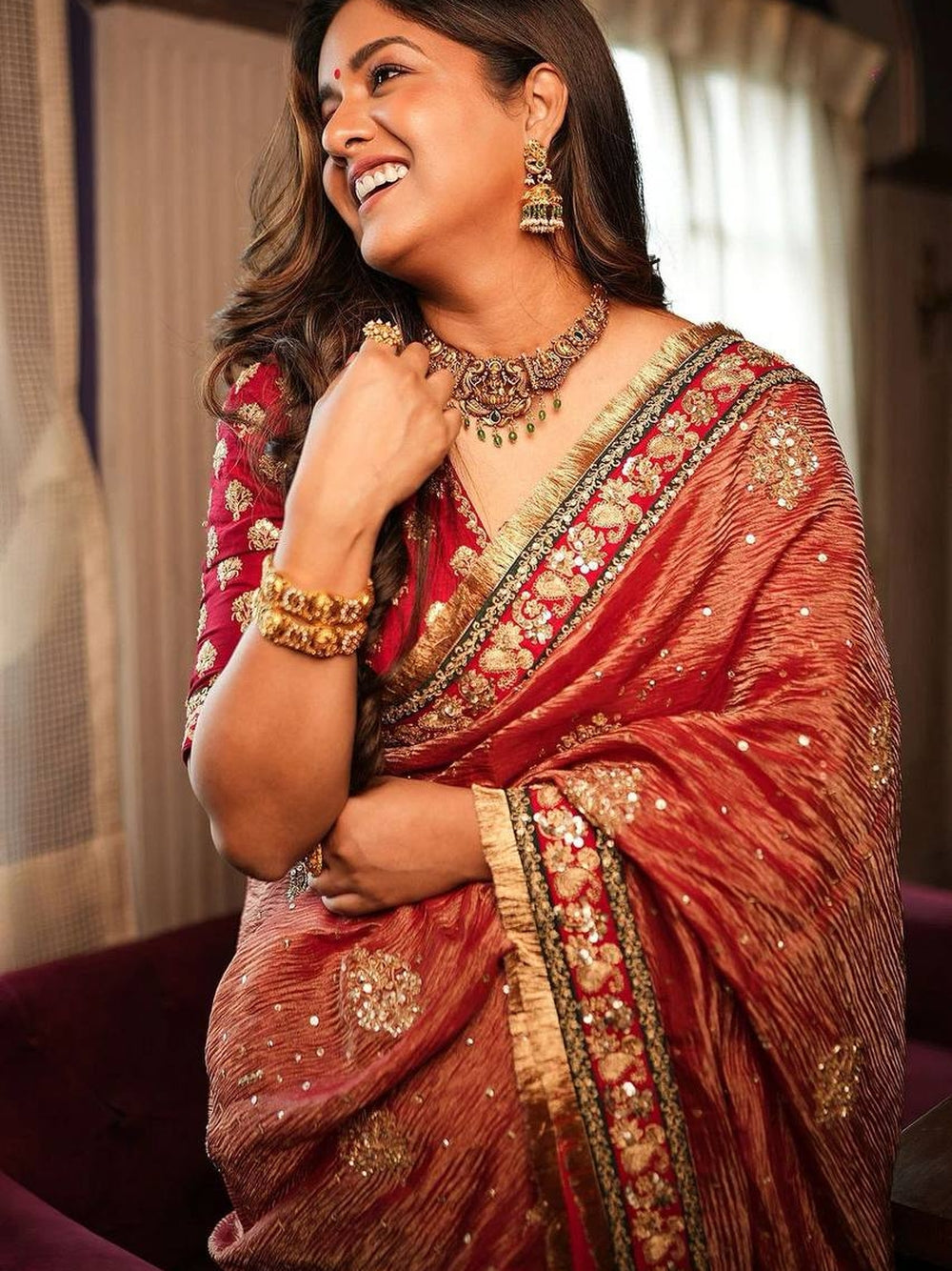 Red crush banarasi silk saree with embroidery work lace border.