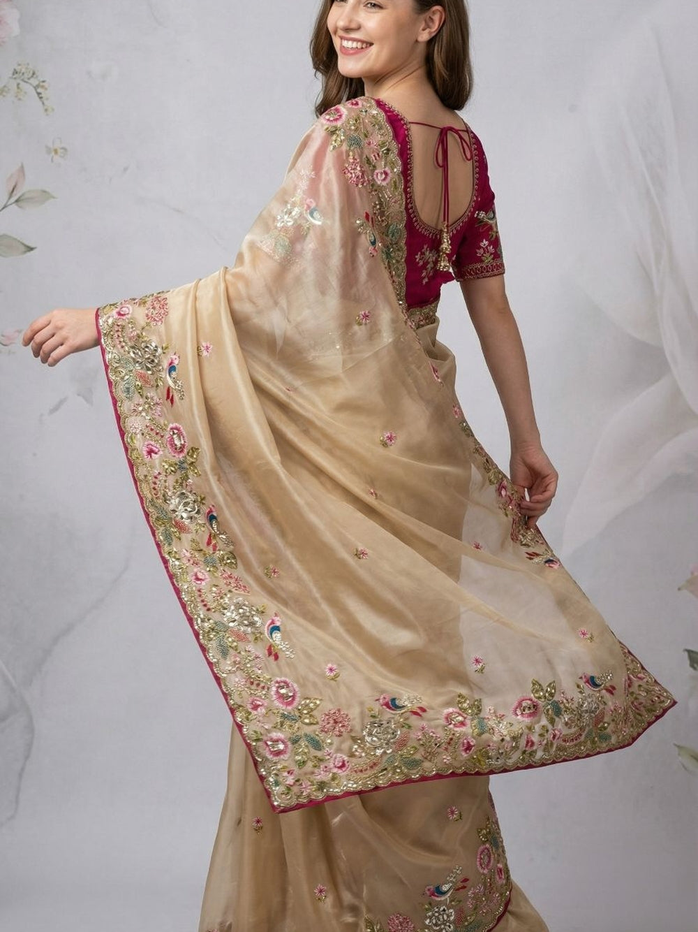 Jimmy choo saree with thread work and sequence work with Ready made blouse.