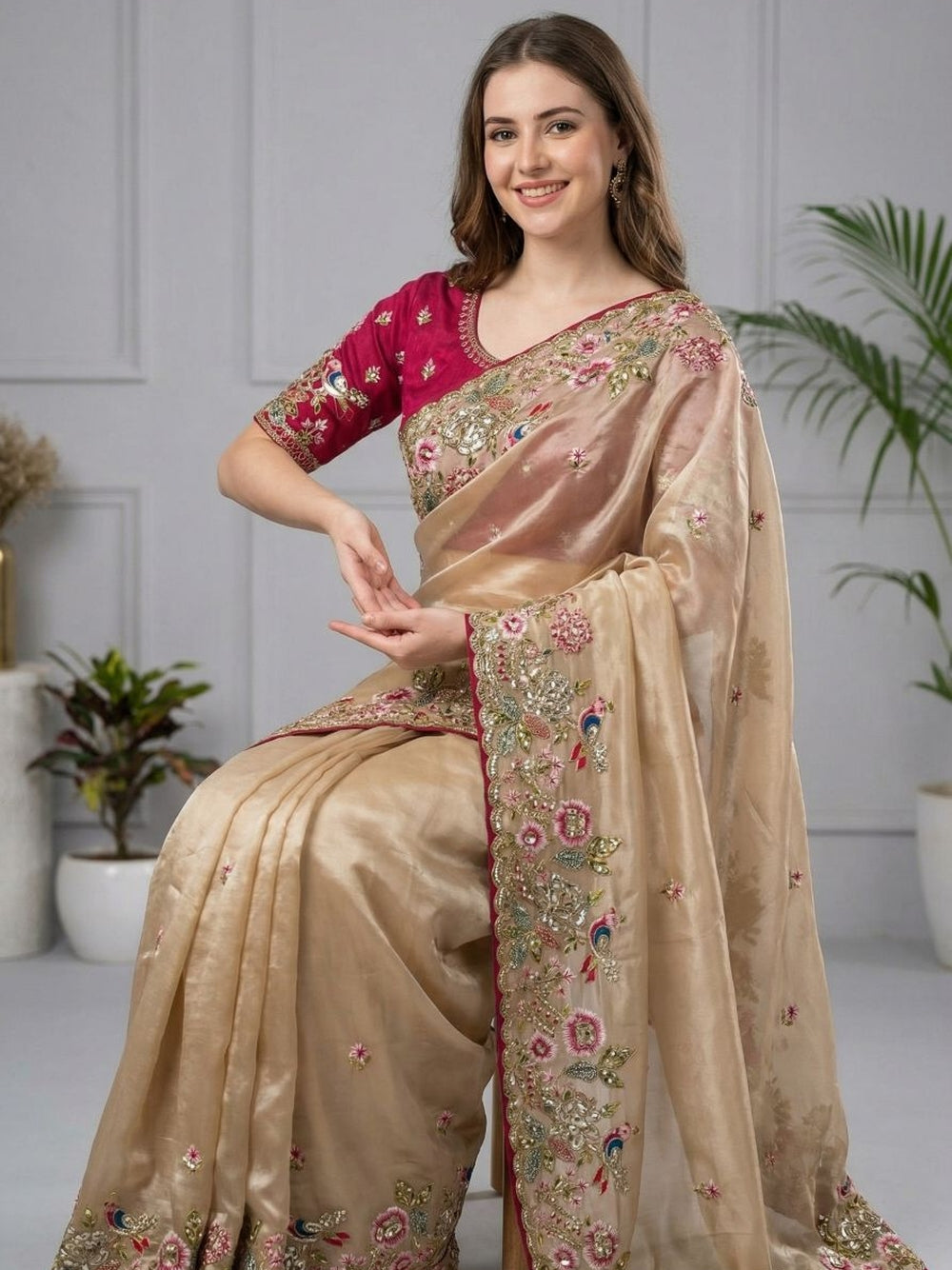 Jimmy choo saree with thread work and sequence work with Ready made blouse.