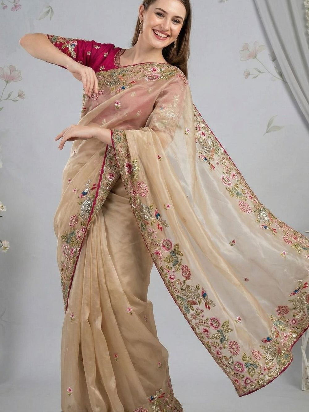 Jimmy choo saree with thread work and sequence work with Ready made blouse.