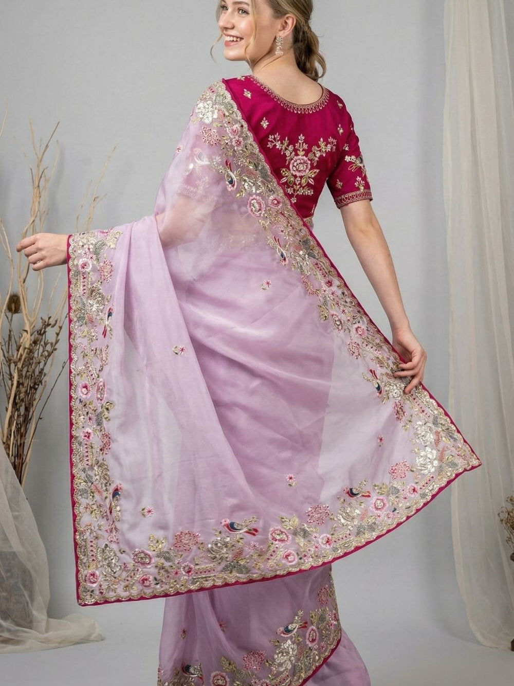 Jimmy choo saree with thread work and sequence work with Ready made blouse.