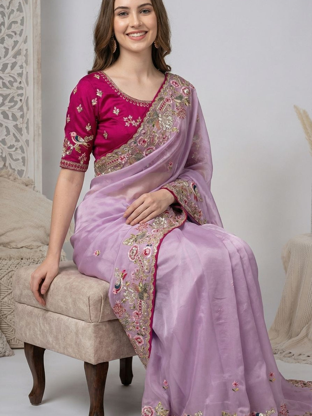 Jimmy choo saree with thread work and sequence work with Ready made blouse.